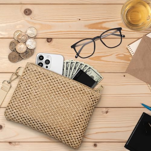 Straw Clutch Purses for Women, Bohemian Straw Handbag Small Summer Beach Bag Wristlet Wallet with Zip