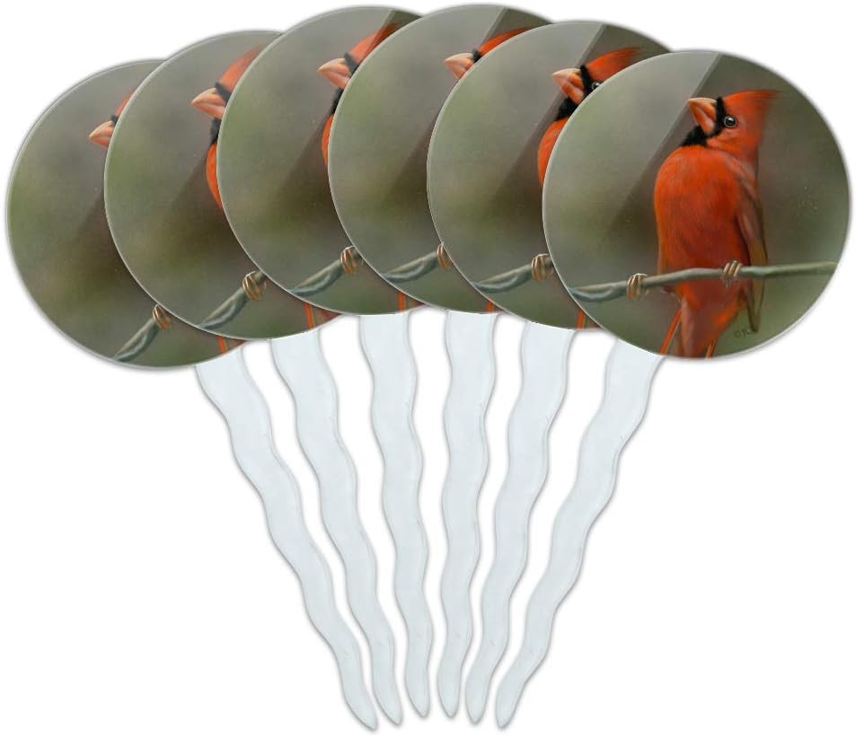 Red Cardinal Bird On Branch Cupcake Picks Toppers Decoration Set of 6