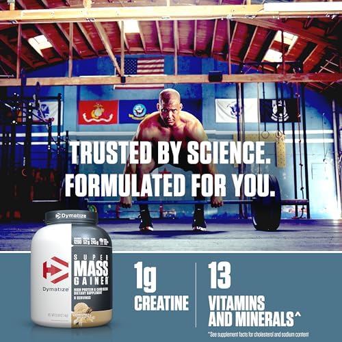 Dymatize Super Mass Gainer Protein Powder, Gourmet Vanilla, 52g Protein, 1g Creatine, 1280 Calories, 10.7g BCAAs, 245g Carbs, Contains Whey Protein Powder, Isolate, and Casein (8 Servings)