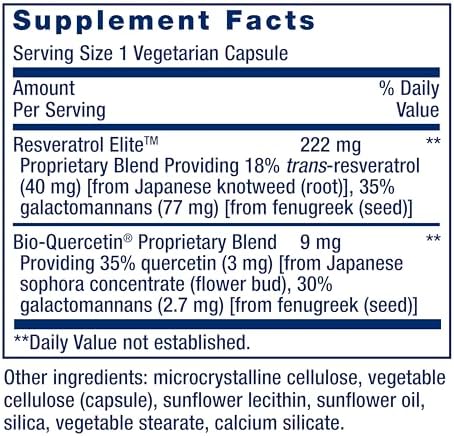 Life Extension Optimized Resveratrol Elite, Trans-resveratrol, quercetin, Healthy Aging, Heart Health, Brain Health, oxidative Stress, Gluten-Free, Non-GMO, Vegetarian, 60 Capsules