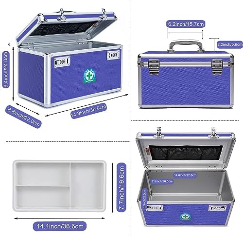 Large Capacity Combination Locking Medicine Box with Portable Storage Case，15''x 8.7''x 9.3'', Childproof Medication Lock Organizer， Lockbox for Secure Cash, ID Documents (BLUE)