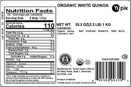 Yupik Organic White Quinoa, 2.2 lb (35.2 oz), Non-GMO, Gluten-Free, Kosher, Vegan, Raw White Grains, Unsalted, Oil-Free, Plant-Based Protein, Source of Fiber, Great Replacement for Rice & Pasta
