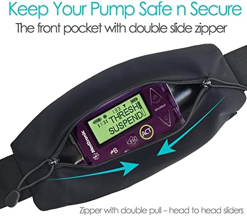 Insulin Pump Belt with Double Slide Zipper Pouch Medical Holder for Diabetic T1D Adjustable Waist Band Accessories Lightweight for Tubing Epipen Men Women Adult Black