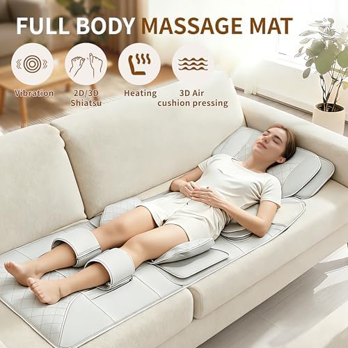 Full Body Massage Mat with Heat,Back Massager Pad with Detachable Shiatsu Neck Massager,3D Body Stretching & Lumbar Traction,4 Vibrating Motors,2 Heat Levels,Gifts for Men Women