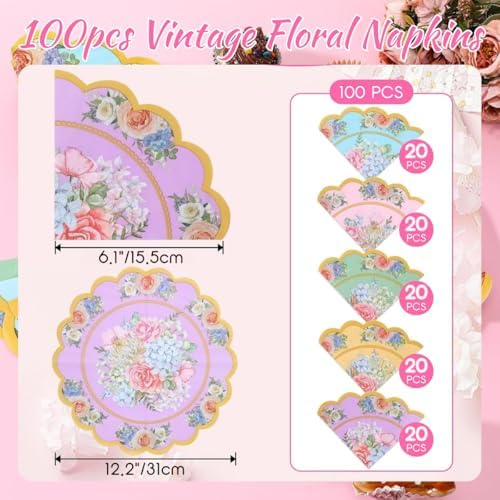 100pcs Flower Shaped Tea Party Napkins, Glazeal 2 Ply Vintage Floral Napkins Scalloped Guest Paper Napkins for Tableware Wedding Bridal Baby Shower Tea Birthday Party
