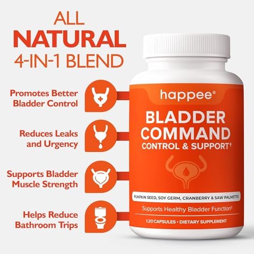 Happee Bladder Control Supplement for Women & Men - 120 Capsules with Pumpkin Seed Extract, Soy Germ Extract, Saw Palmetto & Cranberry | 4-in-1 Bladder Support for Urinary Frequency, Leaks & Urgency