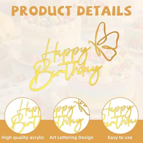 6Styles Gold Happy Birthday Cake Toppers, Mirror Acrylic Happy Birthday Sign for Cake Side Decoration, Glitter Gold Acrylic Happy Birthday Cake Topper Set for Cake Party Decorating Supplies