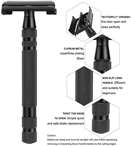 Amazing Safety Razor Shave Kit - Mysterious Black Men's Shaving & Grooming Sets - Butterfly Open Safety Razor,Friendly Brush,Great Shaving Stand,Shaving Soap Bowl, Super Stainless Blades