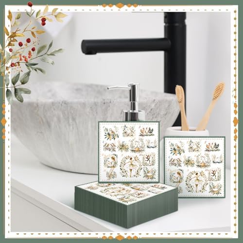 100 Pcs 12 Days of Christmas Napkins 2 Ply Decoupage Winter Holiday Cocktail Paper Napkin 5 x 5 Inch Partridge French Hens Gold Rings Disposable Hand Towel for Christmas Table Party Supplies(Green)