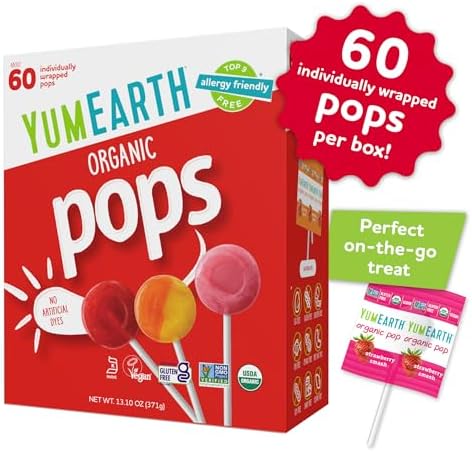YumEarth Organic Pops Variety Pack, 60 Fruit Flavored Favorites Lollipops, Allergy Friendly, Gluten Free, Non-GMO, Vegan, No Artificial Dyes