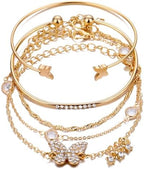 Gold Bracelet Set for Women, 5Pcs Rhinestone Butterfly & Crystal Charm Bracelets with Cuff & Chain Design, Stackable Layered Bracelets, Fashion Jewelry for Party Daily Wear
