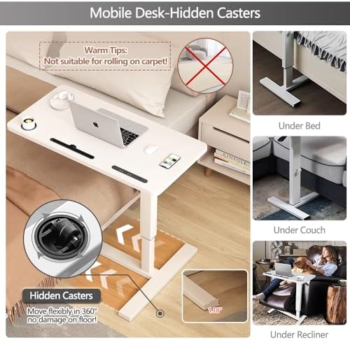 BeGyoku Overbed Table,Hospital Bed Table,Pneumatic Bedside Table Adjustable Over The Bed with Hidden Wheels&USB,Mobile Laptop Cart&Rolling Tray Table Hospital Home Use-White1