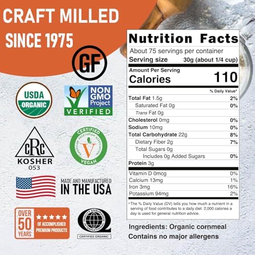 Great River Milling Organic Medium Grind Cornmeal | USDA Organic, Gluten Free, Non-GMO, Kosher | Hearty Texture for Cornbread, Polenta, Muffins, Pancakes & Baking | 5 Lb