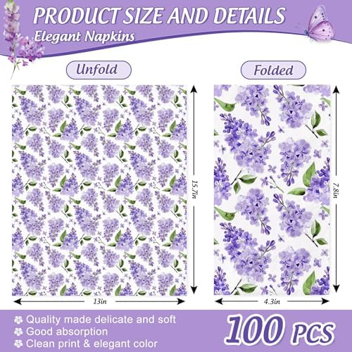 JarThenaAMCS 100Pcs Watercolor Floral Guest Napkins Purple Lilac Flower Disposable Napkins Dinner Paper Hand Towels for Bathroom Wedding Birthday Party Table Supplies