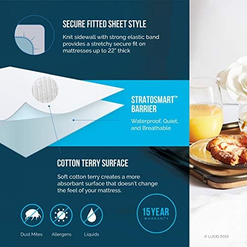 LUCID Premium Waterproof Mattress Protector, King Size – Fitted Sheet Style, Machine Washable – Cotton Terry Top Cover – Dorm Room Essential – White