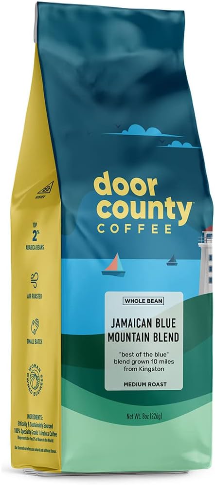Door County Coffee Jamaican Blue Mountain Blend Non-Flavored Whole Bean - 10 oz Bag - Medium Roast - 100% Specialty Arabica - Non-Flavored - Jamaican Blue Mountain Blend