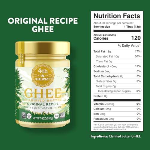 4th & Heart Original Grass-Fed Ghee, Clarified Butter, 1:1 Butter Substitute, Pasture-Raised, Lactose & Casein Free, 9 oz
