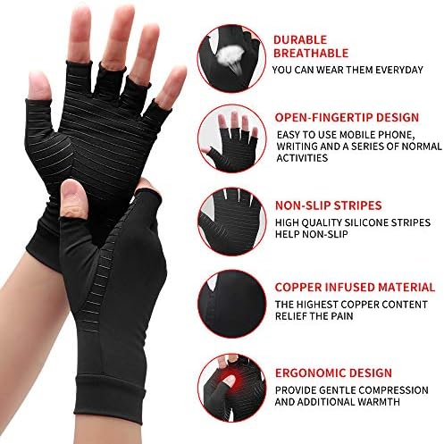 Copper Compression Arthritis Gloves, Best Copper Infused Glove for Women and Men, Fingerless Arthritis Gloves, Pain Relief and Healing for Arthritis, Carpal Tunnel, 1 Pair
