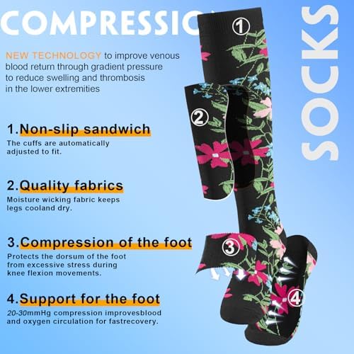 bropite Flora Compression Socks for Women & Men-Knee high 6 Pairs 20-30mmhg Support Running Nurse Travel
