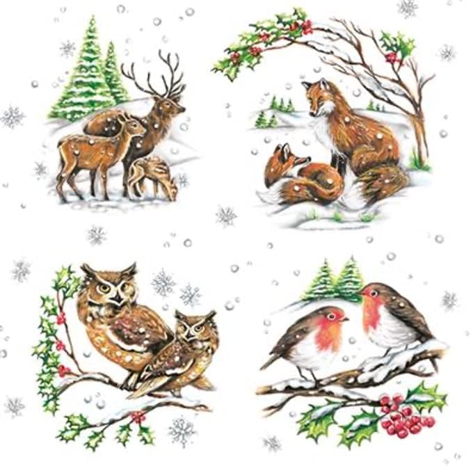 Christmas Napkins - 40pcs Winter Animal Lunch Napkins, Fox, Bird, Deer, Owl, Forest Animals, Cabin Decor