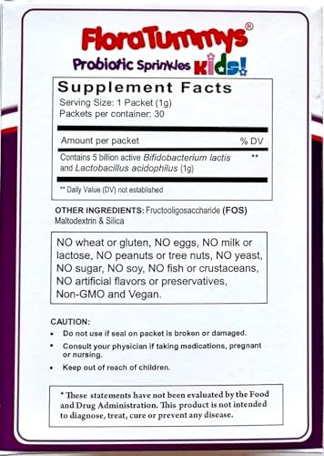 FloraTummys Probiotics for Kids: 30 Taste-Free Powder Packets, Free of Food Allergens, Non-Dairy, Gluten Free, Sugar Free, Non-GMO, Vegan