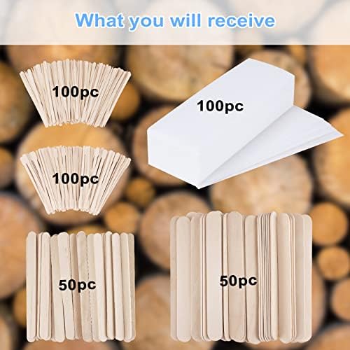 400Pcs Wax Strips Sticks Kit, FHDUSRYO 300 Small Medium Large Wooden Wax Applicator Sticks Eyebrow Wax Spatulas and 100 Non-Woven Paper Wax Strip for Face Body Hair Removal Women Men