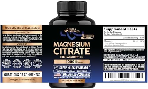 Magnesium Citrate Capsules 1000mg | High Absorption Supplement - Sleep, Muscle & Heart Support - Vegan | Non-GMO - Made in USA - As Powder | Pills | Tablets - 120 Capsules, 2 Month Supply