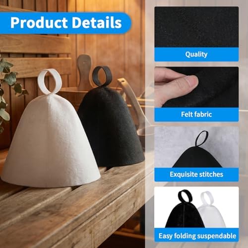 2PCS Sauna Hat for Men & Women, Soft Luxury Wool Sauna Cap for Bath House Accessories, Sauna Hair Protector Ideal Gifts for Sauna Lovers Russian Heated Hat(White Black)