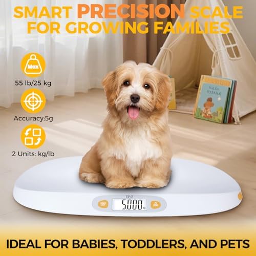 Baby Scale for Weighing, 55 lb/0.01 lb Digital Infant Scale for Weighted Feeds with Height Measuring Tape Weight Comparison Hold Function, Pet Scale for Cats/Dogs, LCD Display, Large Platform