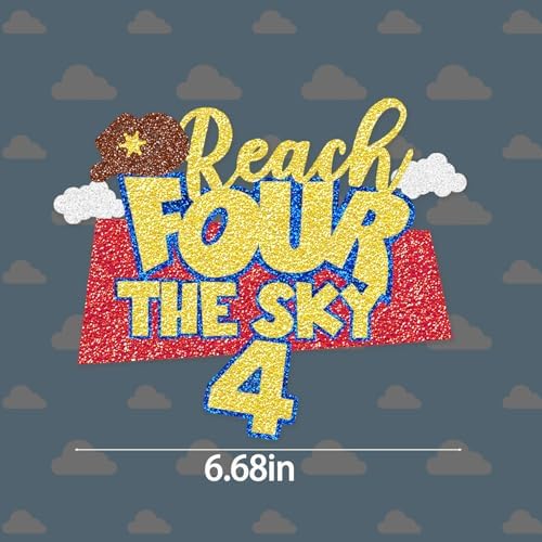Glitter Reach Four the Sky Birthday Cake Topper Cartoon Story 4th Bday Decorations Blue Sky Clouds 4th Birthday Party Supplies for Boys