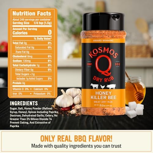 Kosmos Q Honey Killer Bee BBQ Dry Rub, Sweet Seasoning with Brown Sugar, Honey, Garlic & Paprika for Chicken, Pork, Turkey, Ribs and More, Dry Rub for Smoking & Grilling Meat, 13.2 Oz Shaker Bottle