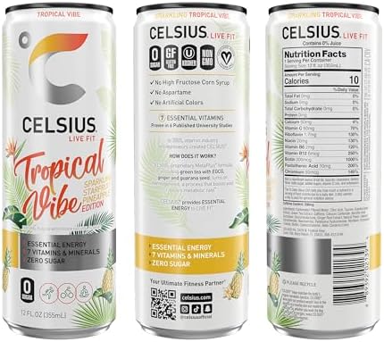 CELSIUS Sparkling Tropical Vibe, Functional Essential Energy Drink 12 Fl Oz (Pack of 12)
