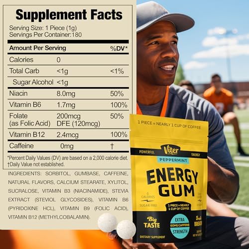 Viter Energy 60mg Caffeine Gum (Peppermint Flavor, 180 Pieces) - Sugar Free, Vitamin B3, B6, B9, B12, Zero Calories, Caffeinated Energy Chews, Nootropic Focus Supplement for Men & Women