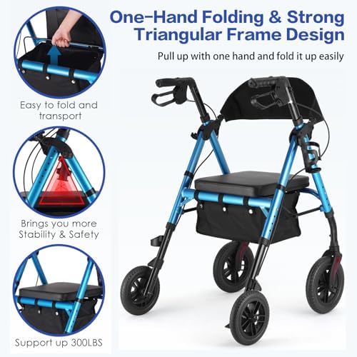 Ambliss 10" Front Wheeled Walkers for Seniors,Rollator Walker with Seat and Extra Wide Backrest, Lightweight Collapsible Rolling Walker, Adjustable Height Rollator Walker with Cup & Cane Holder (Blue)