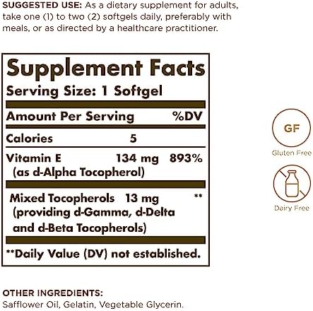 Solgar Vitamin E 200 IU - 100 Softgels - Natural Antioxidant, Immune System Support - Gluten Free, Dairy Free - 100 Servings