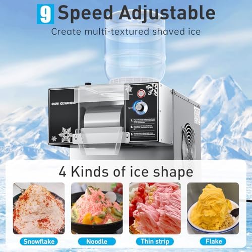Snowflake Ice Machine, 176 LBS/24H Commercial Shaved Ice Machine, Rapid Cooling and 9 Adjustable Speed, Stainless Steel Snowflake Ice Maker for Home, Restaurant, Office, Party