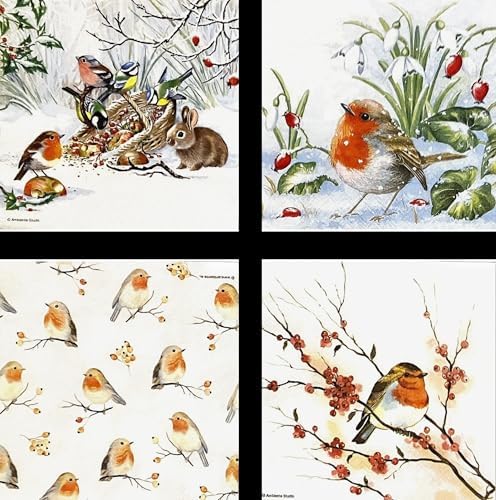 12 Styles Assorted Christmas Napkins for Decoupage - Variety of Winter Bird Designs - Decorative Paper for Beautiful Holiday Crafts - 1 Each 6.5