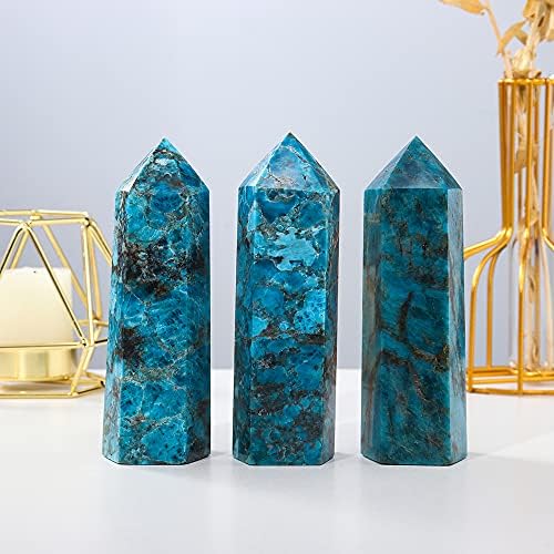 Runyangshi Large Blue Apatite Natural Healing Crystal Wand 4.72"-5" Crystals Tower 6 Faceted Single Point Crystal Prism Wand Natural Stones for Meditation Reiki Chakra Therapy Home Decor Gift