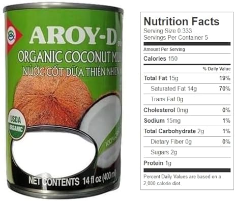 AROYD 100% Organic Coconut Milk 14oz 400ml USDA Organic (Pack 6)