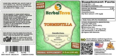 Tormentilla (Potentilla erecta) Glycerite, Dried Roots Alcohol-Free Liquid Extract (Brand Name: HerbalTerra, Proudly Made in USA) 4 fl.oz (120 ml)