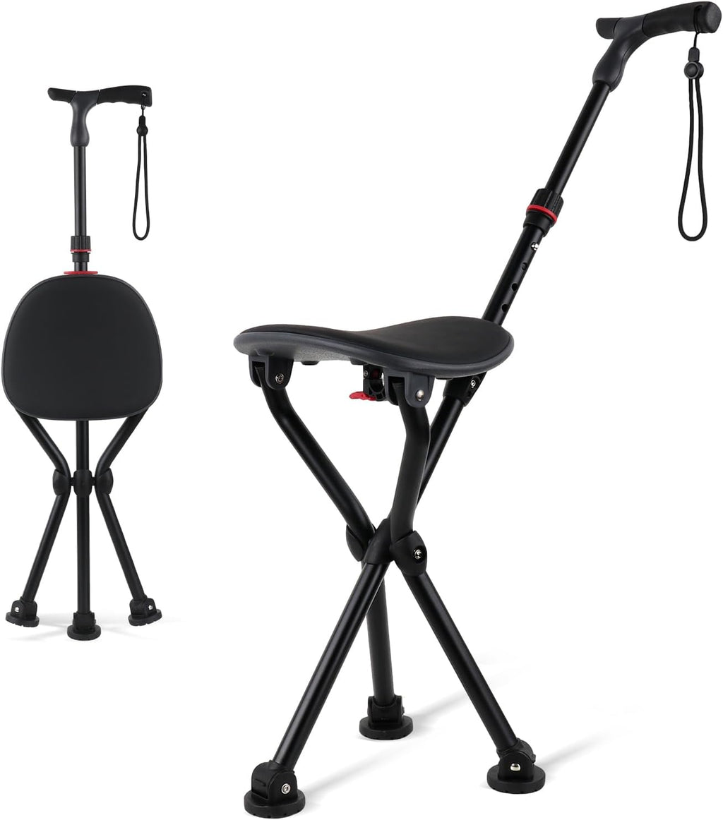 Walking Cane with Seat – Folding Lightweight Walking Cane Chair for Seniors, Adjustable Height 32"-36", Heavy-Duty 3-Legged Cane Stool for Men Women (Black)