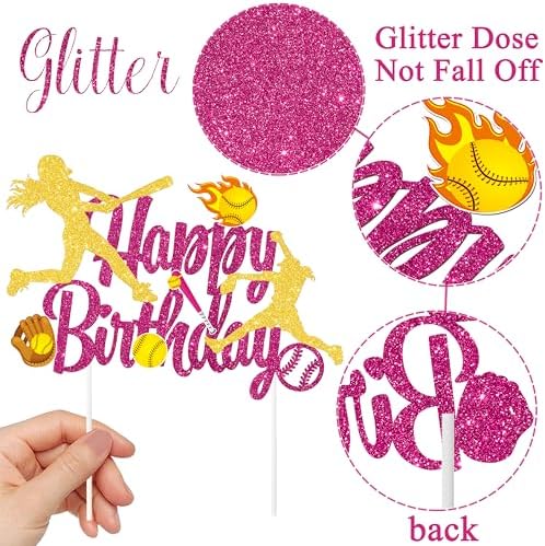 Rose Red Softball Player Birthday Party Cake Topper Decoration for Girls Sports Themed Supplies