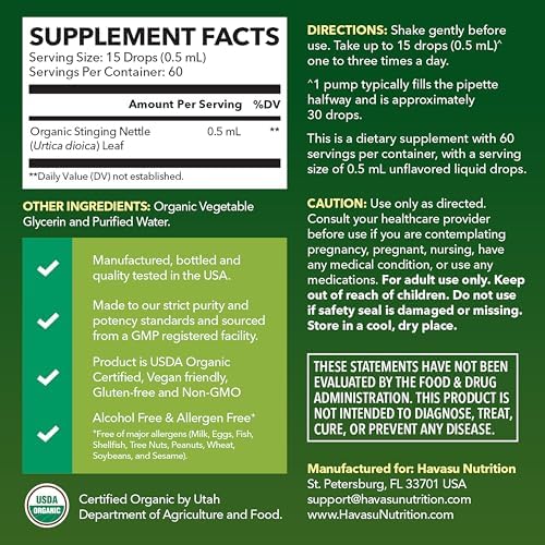 Stinging Nettle Leaf Extract Liquid Drops - USDA Organic - Immune Support and Prostate Health Supplement - 60 Servings - Vegan, Non-GMO, Gluten-Free - Unflavored Herbal Tincture - 1 Fl Oz