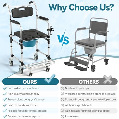 4-in-1 Bedside Commode Shower Wheelchair for Elderly and Disabled, Commode Chair with 4 Lockable Wheels, Detachable Bucket, Padded Seat&Armrests,Transport Chair with Flip-up Footrest, Black