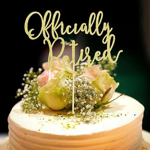 Officially Retired Cake Topper, Happy Retirement Cake Decorations, Plam Tree Beach Chair Retirement Party Decoration Supplies for Women or Men - Gold Glitter