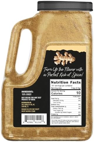 Spicy World Ginger Powder 5 LB Jar – Gluten Free, Bulk Ground Dried Ginger Root, Pure Zingiber Officinale, Non-GMO, Warm & Spicy Flavor for Cooking, Baking, and even Teas