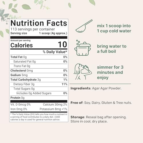 Agar Agar Powder, 1lb (16oz) | Planted-Based Source from Red Algae | Unflavored Thickening Agent for Cooking & Baking | Vegan Substitute for Beef Gelatin | Non-GMO, Vegan Friendly