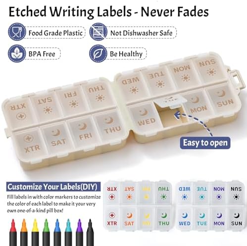 Foldable & Portable Pill Organizer 2 Times A Day with Extra Compartments - Etched Labels - Weekly 7 Day AM PM Medicine Box, Week Daily Travel Pill Case Holder Dispenser for Vitamin, Supplement - Khaki