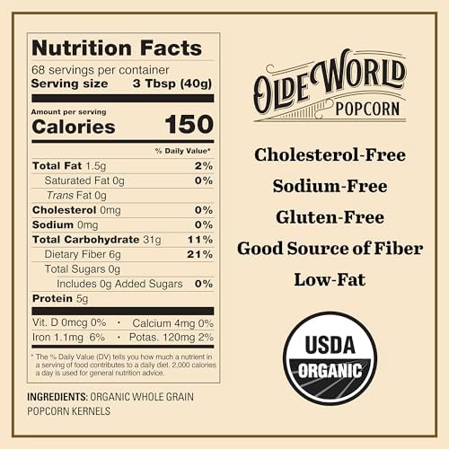 Organic White Popcorn Kernels 6 lb Bag, Non-GMO & Gluten Free, Sodium-Free, Pesticide-Free, Unsalted, Plant-Based, Sugar-Free, Old Fashioned Regenerative-Farmed Large Popcorn From Olde World Popcorn
