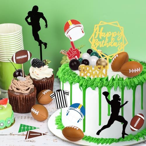 28 Pieces Football Cake Decorations Football Cake Toppers with Mini Foam Balls, Rugby Player, Touch Down, Goal Post Cupcake Toppers for Sports Themed Birthday Party Decor Game Day Party Supplies